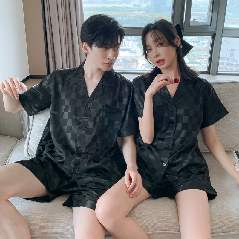 Spring Summer Plaid Couple Pajamas Set Ice Silk Short Sleeve Shorts Silk Loungewear for Men and Women Spring Autumn Homewear