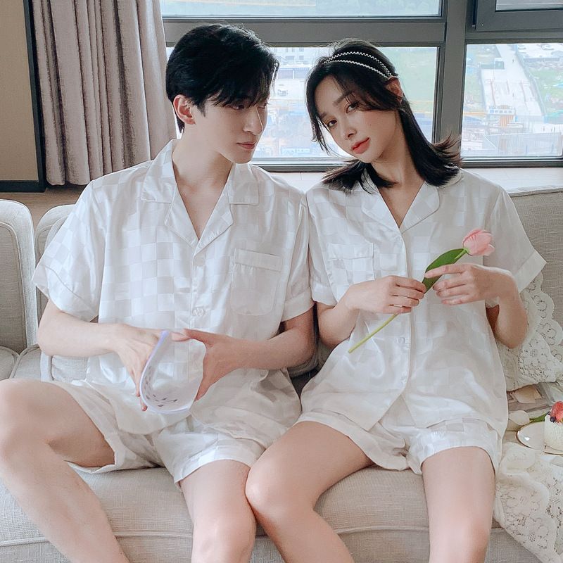 Spring Summer Plaid Couple Pajamas Set Ice Silk Short Sleeve Shorts Silk Loungewear for Men and Women Spring Autumn Homewear