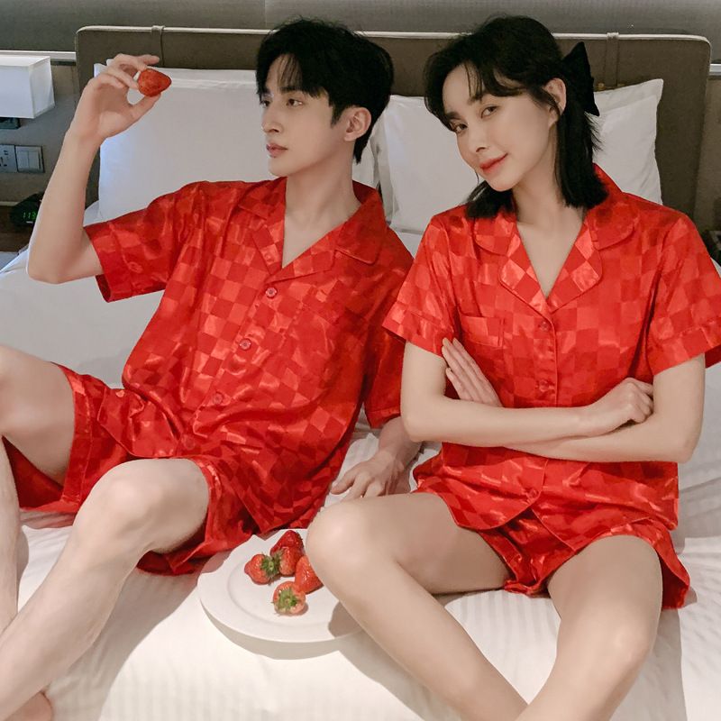 Spring Summer Plaid Couple Pajamas Set Ice Silk Short Sleeve Shorts Silk Loungewear for Men and Women Spring Autumn Homewear