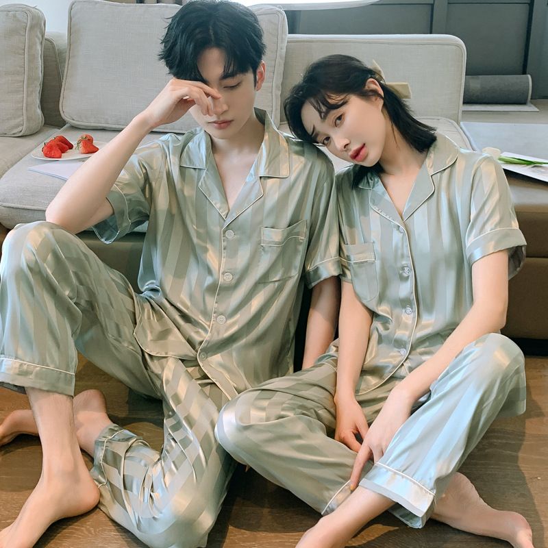 Spring Summer Plaid Couple Pajamas Set Ice Silk Short Sleeve Shorts Silk Loungewear for Men and Women Spring Autumn Homewear