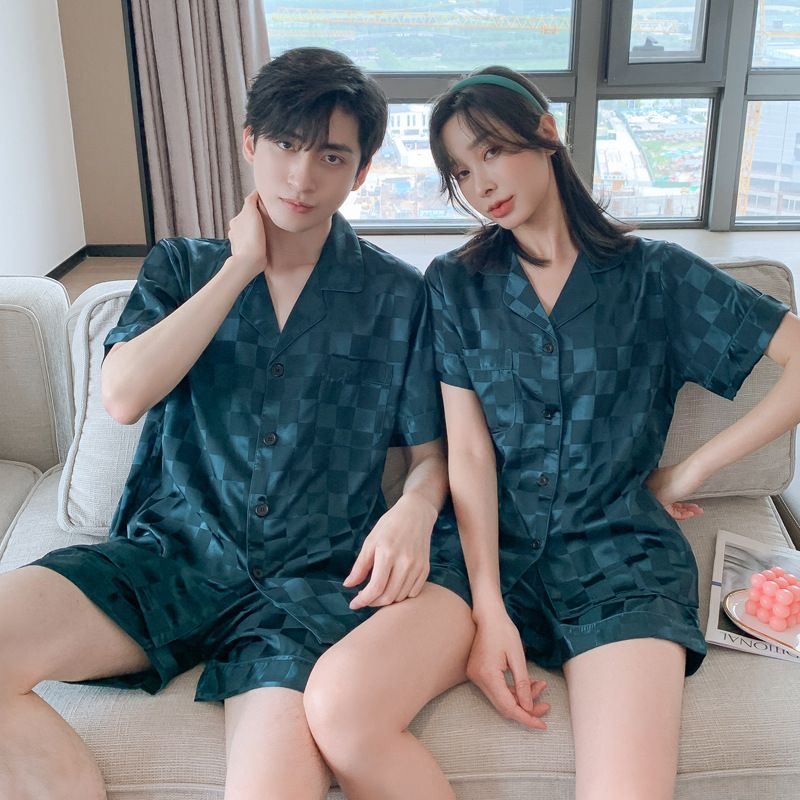 Spring Summer Plaid Couple Pajamas Set Ice Silk Short Sleeve Shorts Silk Loungewear for Men and Women Spring Autumn Homewear