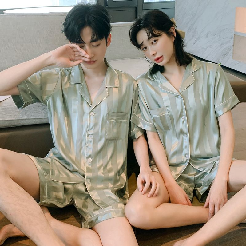 Spring Summer Plaid Couple Pajamas Set Ice Silk Short Sleeve Shorts Silk Loungewear for Men and Women Spring Autumn Homewear