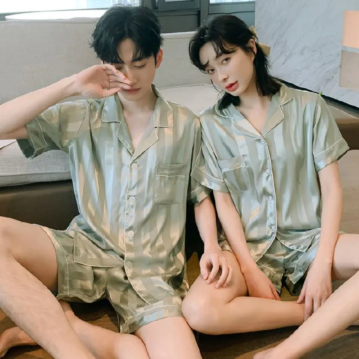 Spring Summer Plaid Couple Pajamas Set Ice Silk Short Sleeve Shorts Silk Loungewear for Men and Women Spring Autumn Homewear
