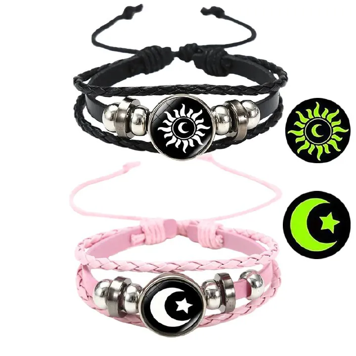 2-Piece Set Couple Bracelets Sun Moon Time Gemstone Bracelets Unisex Handmade Multilayer Braided Leather Bracelets Vintage Punk Style Beaded Woven Bangles Fashion Jewelry Perfect for Valentine's Day