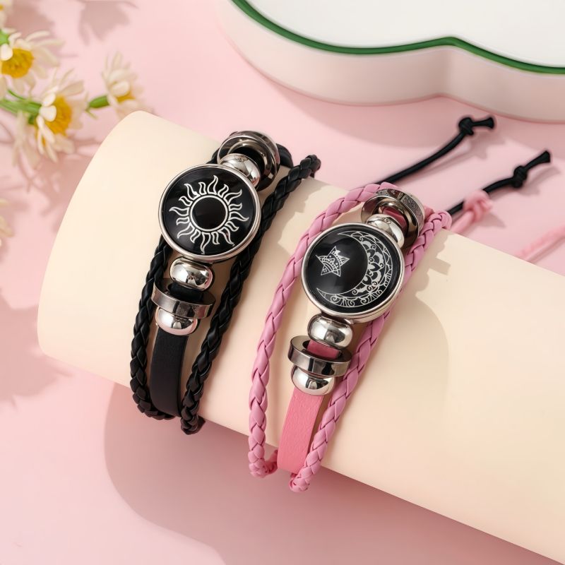 2-Piece Set Couple Bracelets Sun Moon Time Gemstone Bracelets Unisex Handmade Multilayer Braided Leather Bracelets Vintage Punk Style Beaded Woven Bangles Fashion Jewelry Perfect for Valentine's Day