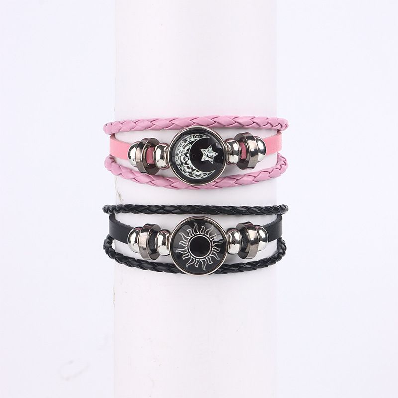 2-Piece Set Couple Bracelets Sun Moon Time Gemstone Bracelets Unisex Handmade Multilayer Braided Leather Bracelets Vintage Punk Style Beaded Woven Bangles Fashion Jewelry Perfect for Valentine's Day