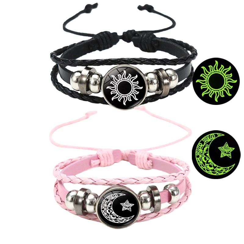 2-Piece Set Couple Bracelets Sun Moon Time Gemstone Bracelets Unisex Handmade Multilayer Braided Leather Bracelets Vintage Punk Style Beaded Woven Bangles Fashion Jewelry Perfect for Valentine's Day
