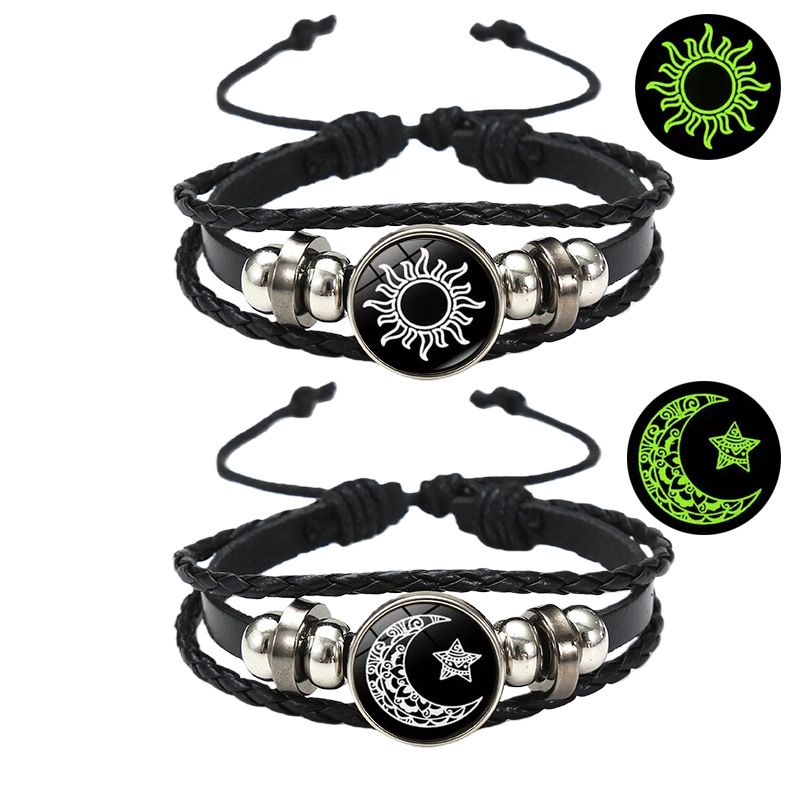 2-Piece Set Couple Bracelets Sun Moon Time Gemstone Bracelets Unisex Handmade Multilayer Braided Leather Bracelets Vintage Punk Style Beaded Woven Bangles Fashion Jewelry Perfect for Valentine's Day