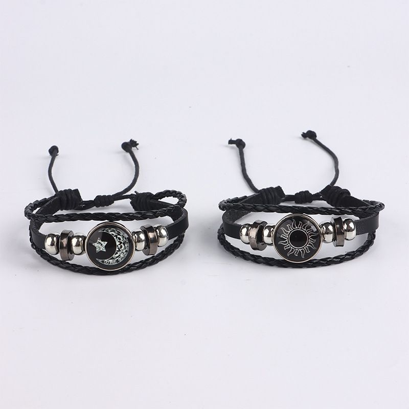2-Piece Set Couple Bracelets Sun Moon Time Gemstone Bracelets Unisex Handmade Multilayer Braided Leather Bracelets Vintage Punk Style Beaded Woven Bangles Fashion Jewelry Perfect for Valentine's Day