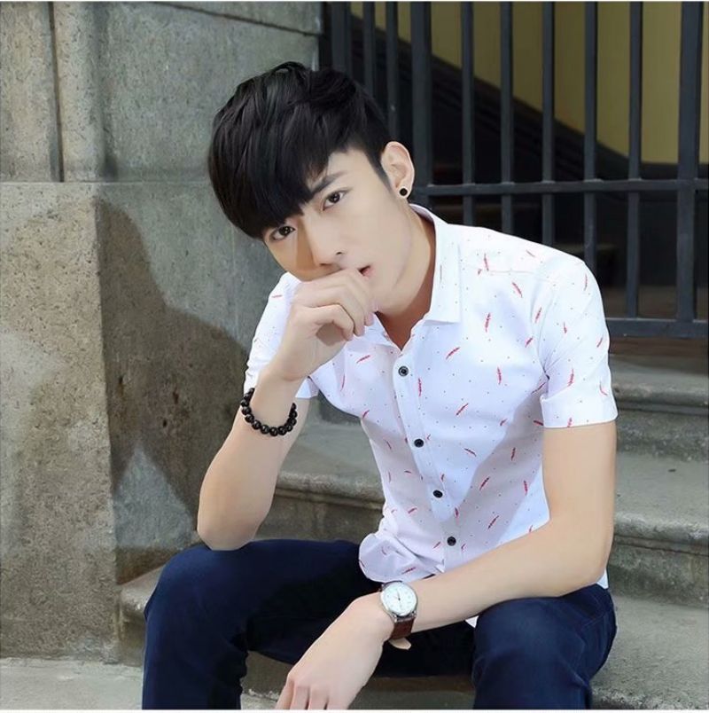 Premium Men's Summer Square Collar Short Sleeve Shirts Cotton Breathable Casual Feather Printed Minimalist Trendy Tops Classic Square Collar Style Suitable for Young Men's Business Casual Daily Commut