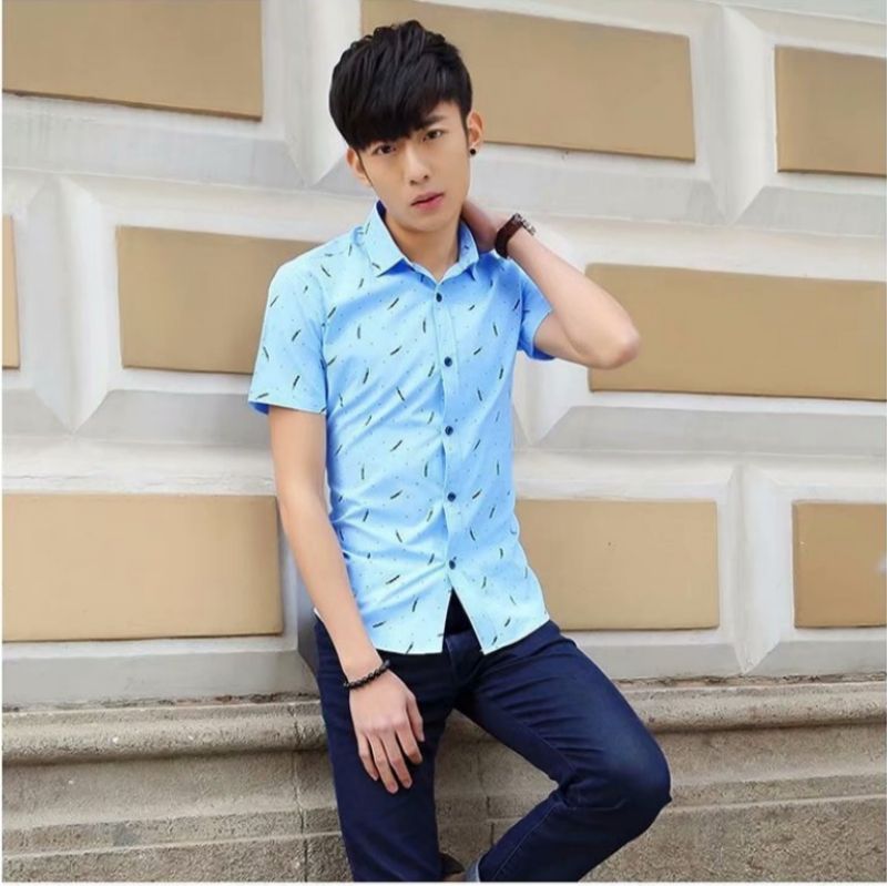 Premium Men's Summer Square Collar Short Sleeve Shirts Cotton Breathable Casual Feather Printed Minimalist Trendy Tops Classic Square Collar Style Suitable for Young Men's Business Casual Daily Commut