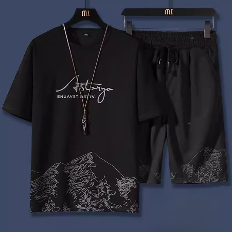 Summer Lightweight Premium Ice Silk Men's 2-Piece Tracksuit Trendy Stylish Printed Short Sleeve T-Shirt & Shorts Athletic Casual Matching Outfit Versatile Men's