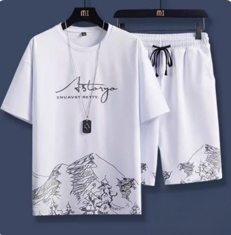 Summer Lightweight Premium Ice Silk Men's 2-Piece Tracksuit Trendy Stylish Printed Short Sleeve T-Shirt & Shorts Athletic Casual Matching Outfit Versatile Men's