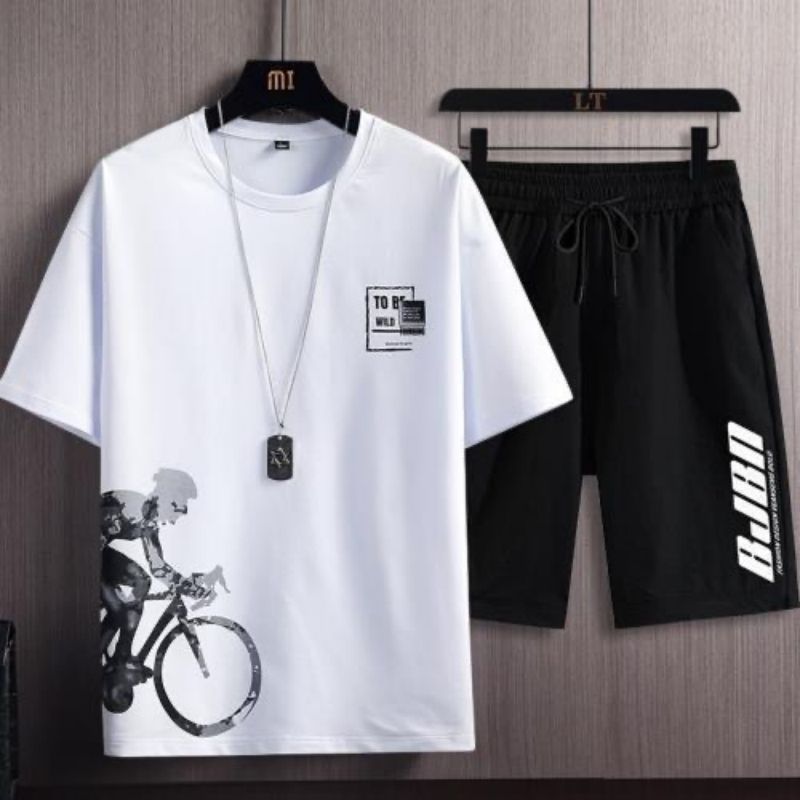 Summer Lightweight Premium Ice Silk Men's 2-Piece Tracksuit Trendy Stylish Printed Short Sleeve T-Shirt & Shorts Athletic Casual Matching Outfit Versatile Men's