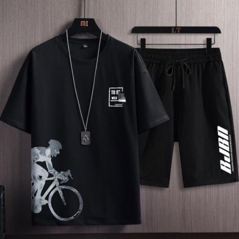 Summer Lightweight Premium Ice Silk Men's 2-Piece Tracksuit Trendy Stylish Printed Short Sleeve T-Shirt & Shorts Athletic Casual Matching Outfit Versatile Men's