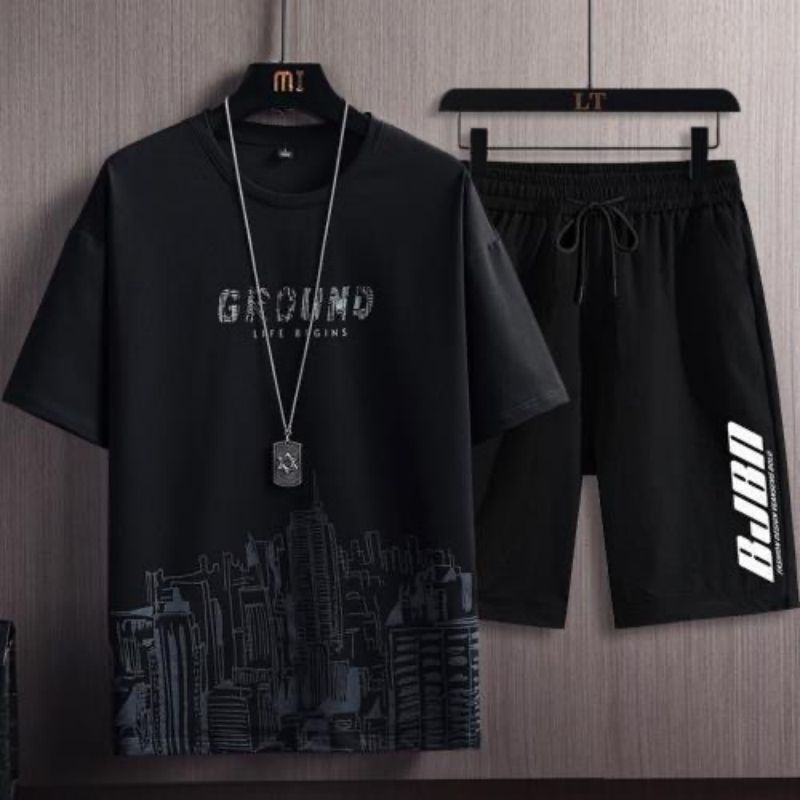 Summer Lightweight Premium Ice Silk Men's 2-Piece Tracksuit Trendy Stylish Printed Short Sleeve T-Shirt & Shorts Athletic Casual Matching Outfit Versatile Men's