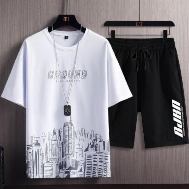 Summer Lightweight Premium Ice Silk Men's 2-Piece Tracksuit Trendy Stylish Printed Short Sleeve T-Shirt & Shorts Athletic Casual Matching Outfit Versatile Men's
