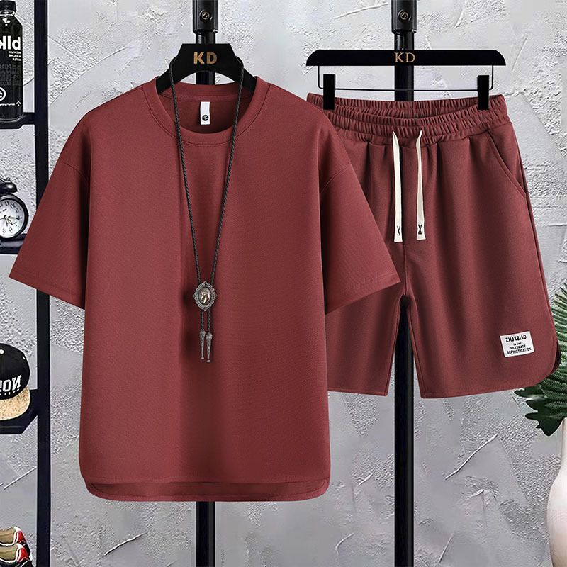 Fashion High-End Men's Waffle Knit Short Sleeve T-Shirt Two-Piece Set Streetwear Style Summer New Arrival Loose Fit Trendy Athletic Casual Matching Outfit