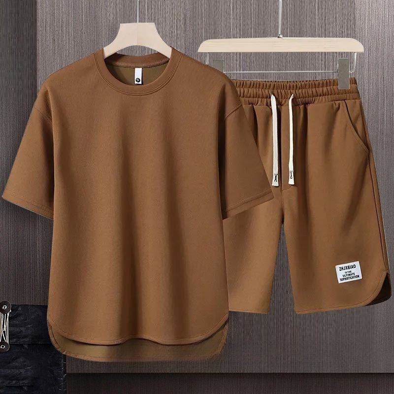 Fashion High-End Men's Waffle Knit Short Sleeve T-Shirt Two-Piece Set Streetwear Style Summer New Arrival Loose Fit Trendy Athletic Casual Matching Outfit
