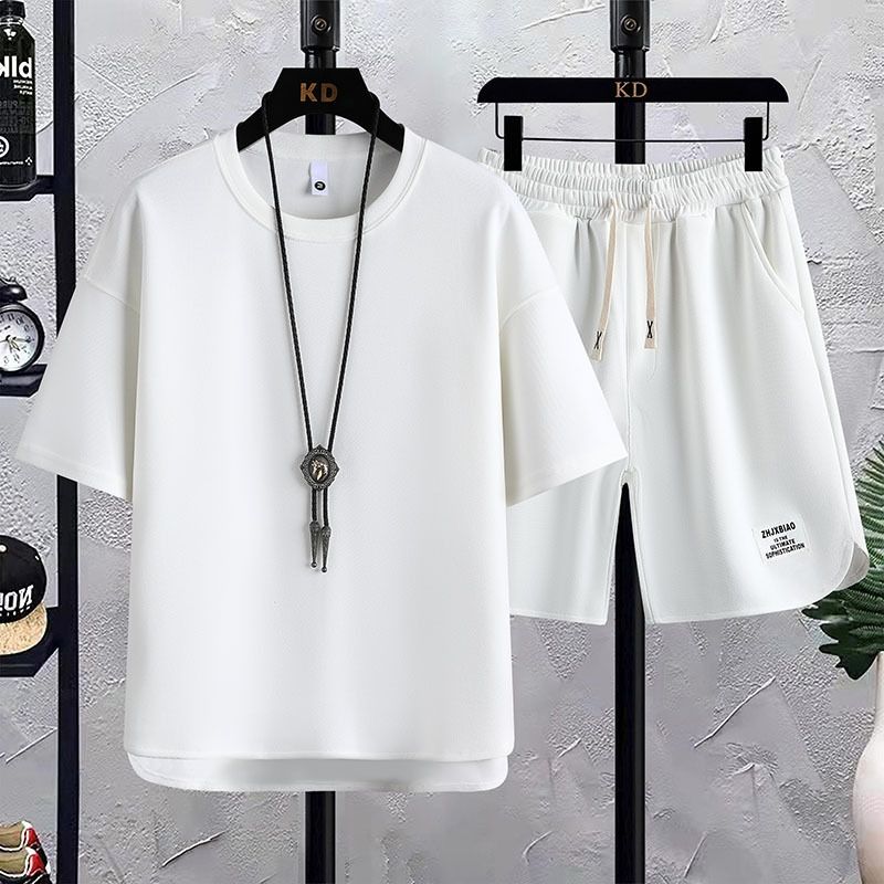 Fashion High-End Men's Waffle Knit Short Sleeve T-Shirt Two-Piece Set Streetwear Style Summer New Arrival Loose Fit Trendy Athletic Casual Matching Outfit