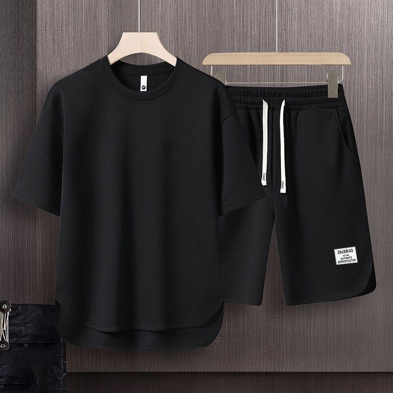 Fashion High-End Men's Waffle Knit Short Sleeve T-Shirt Two-Piece Set Streetwear Style Summer New Arrival Loose Fit Trendy Athletic Casual Matching Outfit