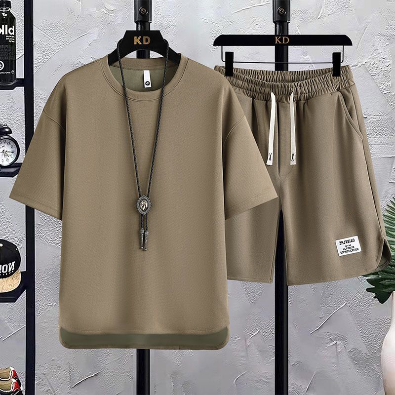 Fashion High-End Men's Waffle Knit Short Sleeve T-Shirt Two-Piece Set Streetwear Style Summer New Arrival Loose Fit Trendy Athletic Casual Matching Outfit