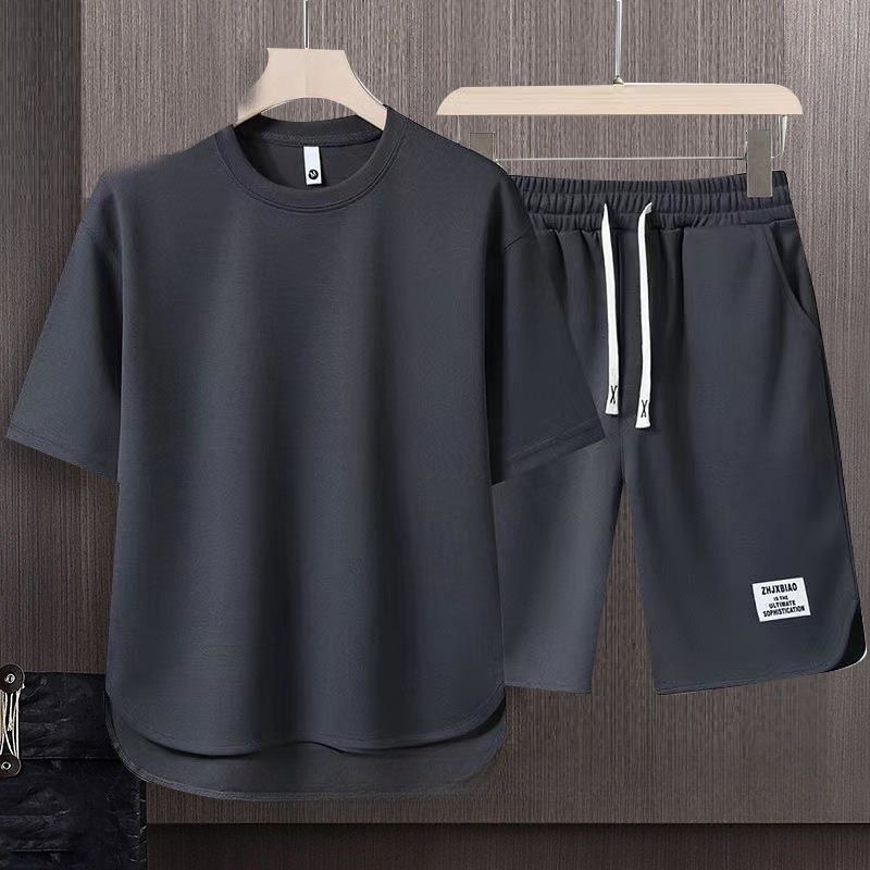 Fashion High-End Men's Waffle Knit Short Sleeve T-Shirt Two-Piece Set Streetwear Style Summer New Arrival Loose Fit Trendy Athletic Casual Matching Outfit