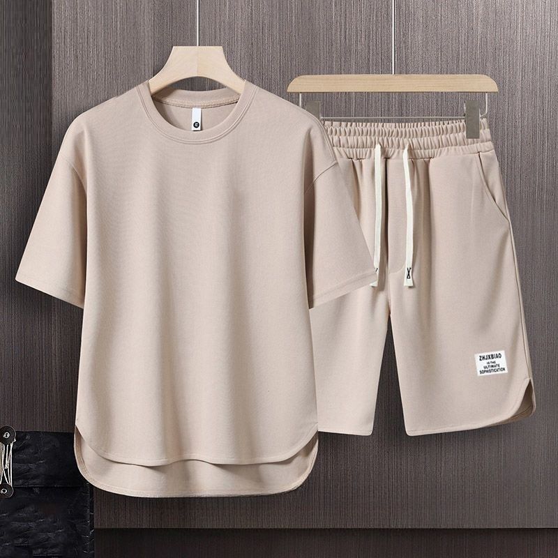 Fashion High-End Men's Waffle Knit Short Sleeve T-Shirt Two-Piece Set Streetwear Style Summer New Arrival Loose Fit Trendy Athletic Casual Matching Outfit