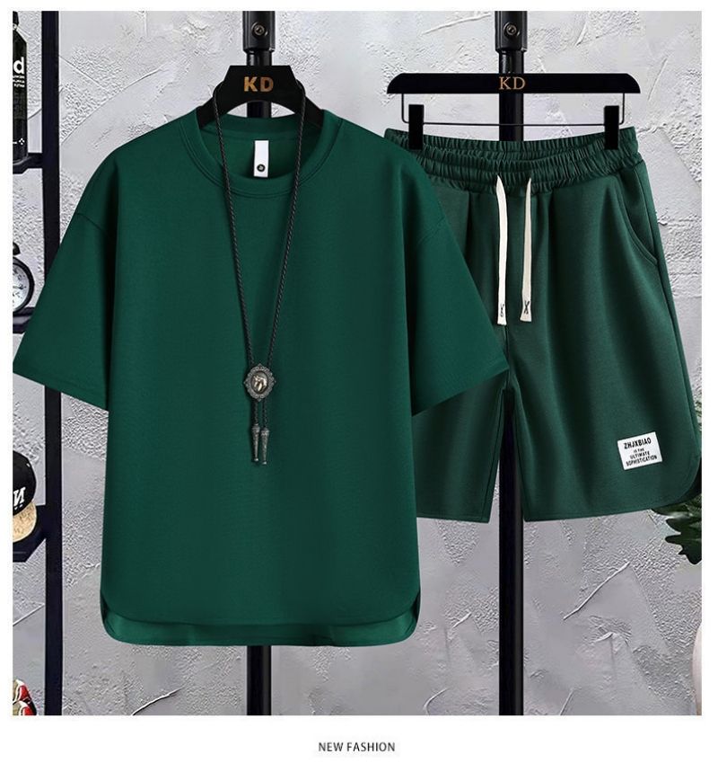 Fashion High-End Men's Waffle Knit Short Sleeve T-Shirt Two-Piece Set Streetwear Style Summer New Arrival Loose Fit Trendy Athletic Casual Matching Outfit