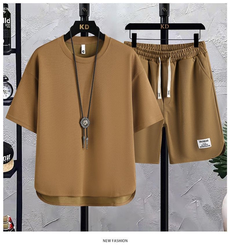 Fashion High-End Men's Waffle Knit Short Sleeve T-Shirt Two-Piece Set Streetwear Style Summer New Arrival Loose Fit Trendy Athletic Casual Matching Outfit