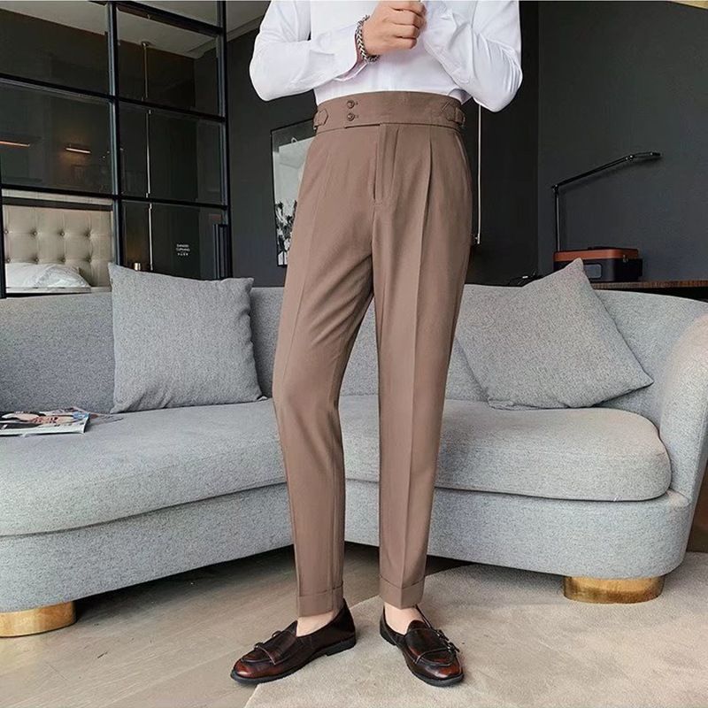Premium Men's Formal Dress Pants High-End Business Napoli Trousers Solid Color High Waisted Slim Fit Tapered Leg Straight Leg Formal Pants for Business Office & Formal Occasions