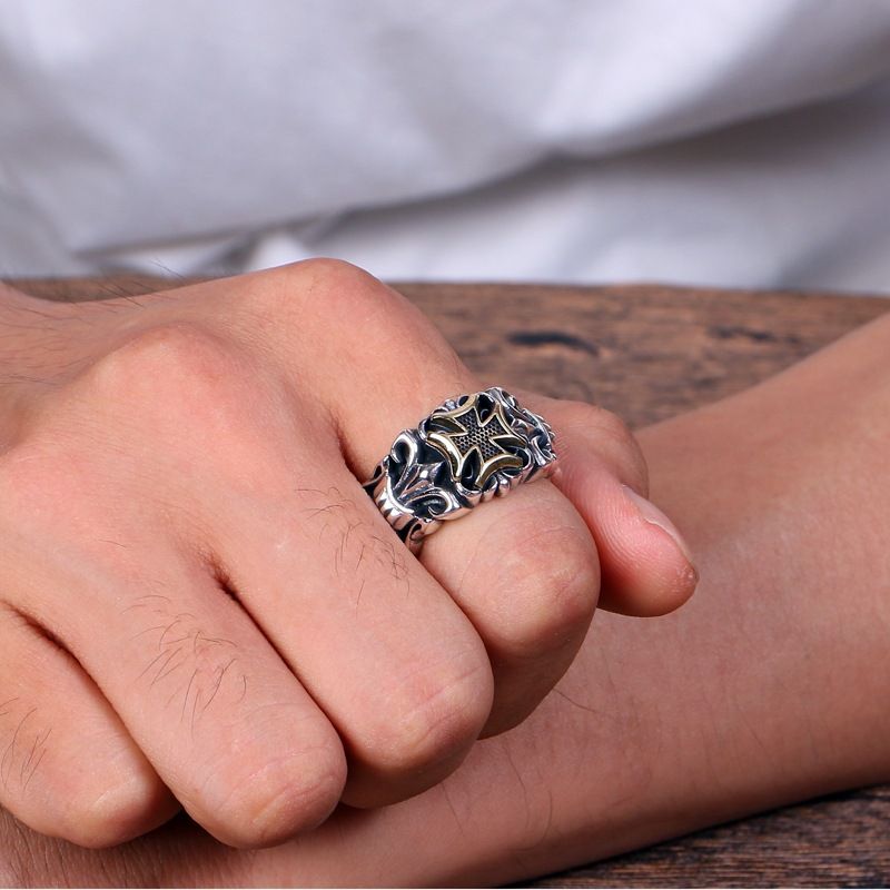 Vintage Cross & Anchor Men's Ring Open Adjustable Design Personalized Trendy Fashion Retro Band for Daily Wear & Casual Styling