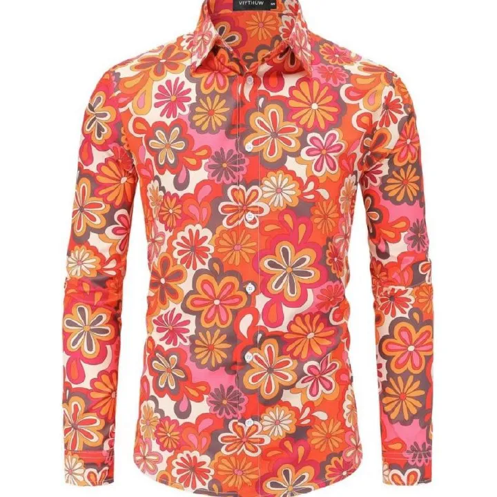 Premium High-End Men's Vintage Floral Printed Button-Down Shirt Hippie Disco Hip Hop Halloween Party Long Sleeve Casual Retro Wear