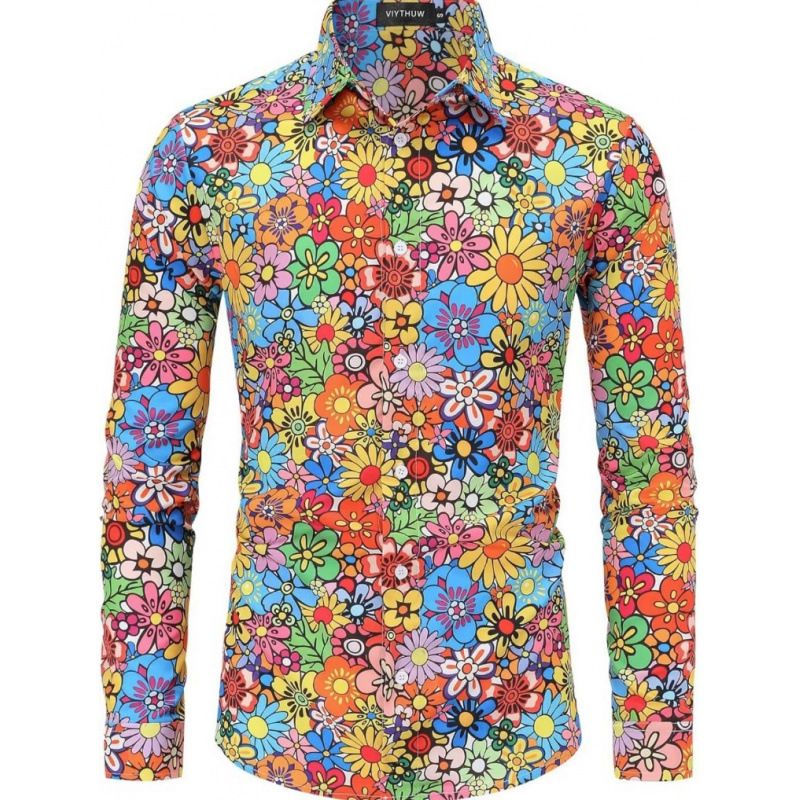 Premium High-End Men's Vintage Floral Printed Button-Down Shirt Hippie Disco Hip Hop Halloween Party Long Sleeve Casual Retro Wear