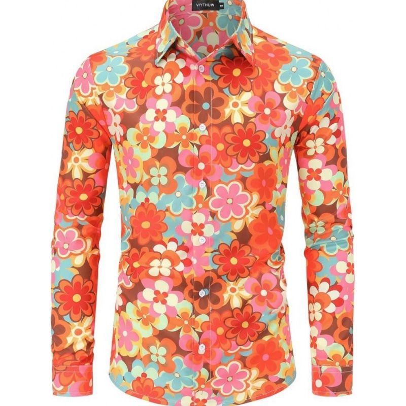 Premium High-End Men's Vintage Floral Printed Button-Down Shirt Hippie Disco Hip Hop Halloween Party Long Sleeve Casual Retro Wear