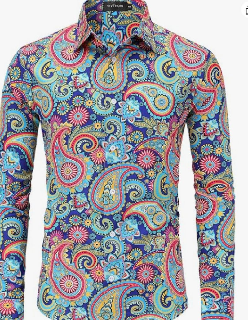 Premium High-End Men's Vintage Floral Printed Button-Down Shirt Hippie Disco Hip Hop Halloween Party Long Sleeve Casual Retro Wear