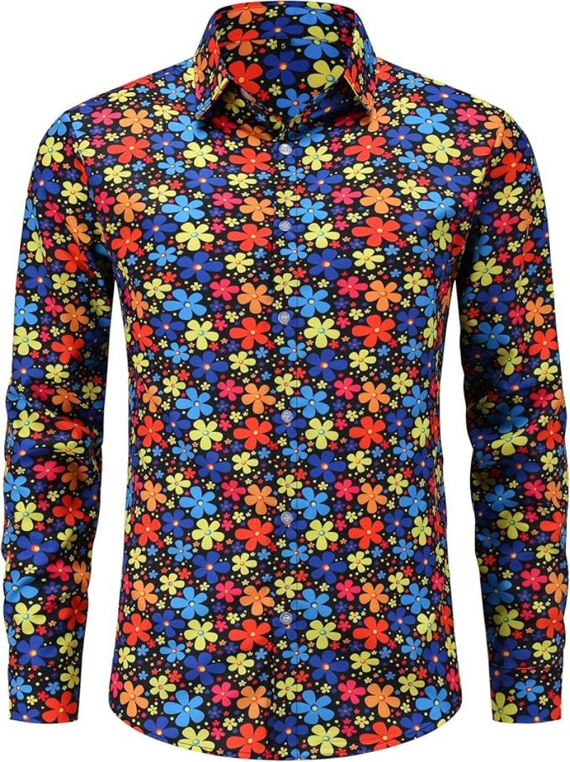 Premium High-End Men's Vintage Floral Printed Button-Down Shirt Hippie Disco Hip Hop Halloween Party Long Sleeve Casual Retro Wear