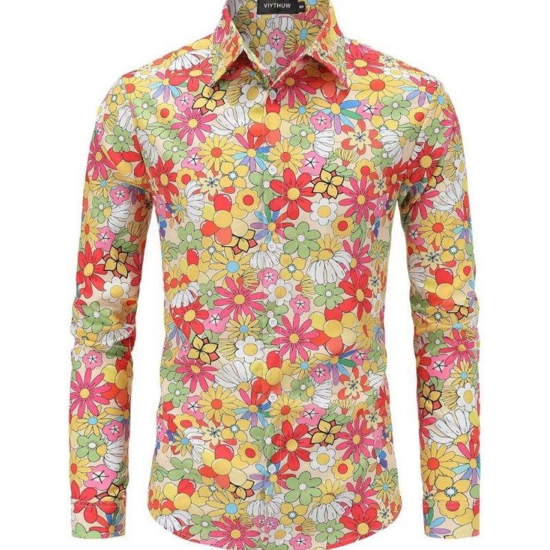 Premium High-End Men's Vintage Floral Printed Button-Down Shirt Hippie Disco Hip Hop Halloween Party Long Sleeve Casual Retro Wear