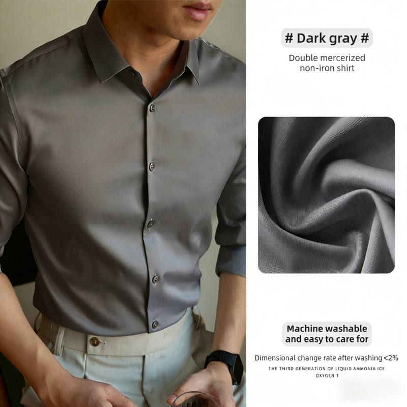 Luxury Grade Business Style Men's Solid Color Long Sleeve Dress Shirt Office Commute Gentleman Smart Casual Formal Shirt Premium High-End Texture Button-Down Shirt