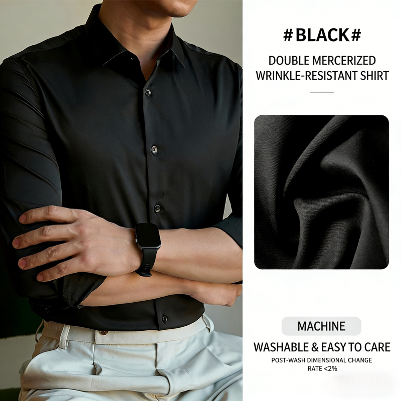 Luxury Grade Business Style Men's Solid Color Long Sleeve Dress Shirt Office Commute Gentleman Smart Casual Formal Shirt Premium High-End Texture Button-Down Shirt