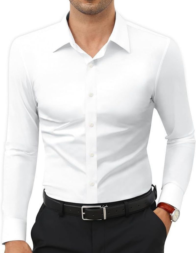High-End European American Style Men's Solid Color Cargo Shirt Slim Fit Wrinkle-Resistant Long Sleeve Ice Silk Cool Touch Business Casual Office Commute Dress Shirt