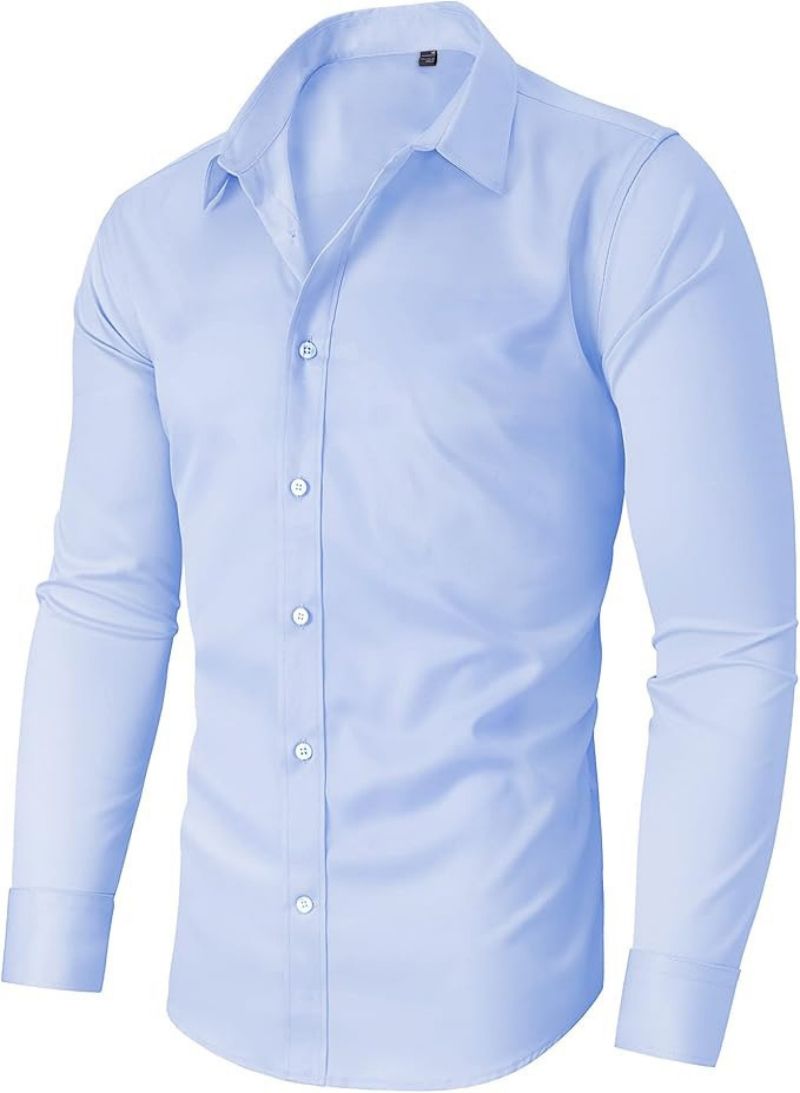 High-End European American Style Men's Solid Color Cargo Shirt Slim Fit Wrinkle-Resistant Long Sleeve Ice Silk Cool Touch Business Casual Office Commute Dress Shirt
