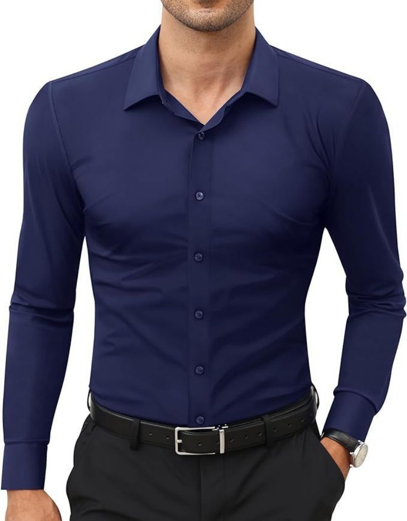 High-End European American Style Men's Solid Color Cargo Shirt Slim Fit Wrinkle-Resistant Long Sleeve Ice Silk Cool Touch Business Casual Office Commute Dress Shirt