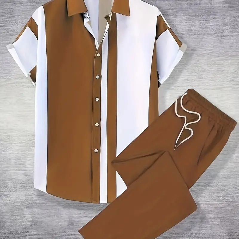 Men's High-End Fashion Gradient Color Short Sleeve Button Lapel Shirt Summer Vacation Two-Piece Outfit Set(Short Sleeve Top + Long Pants)