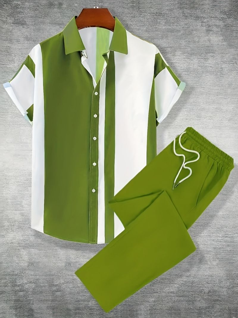 Men's High-End Fashion Gradient Color Short Sleeve Button Lapel Shirt Summer Vacation Two-Piece Outfit Set(Short Sleeve Top + Long Pants)