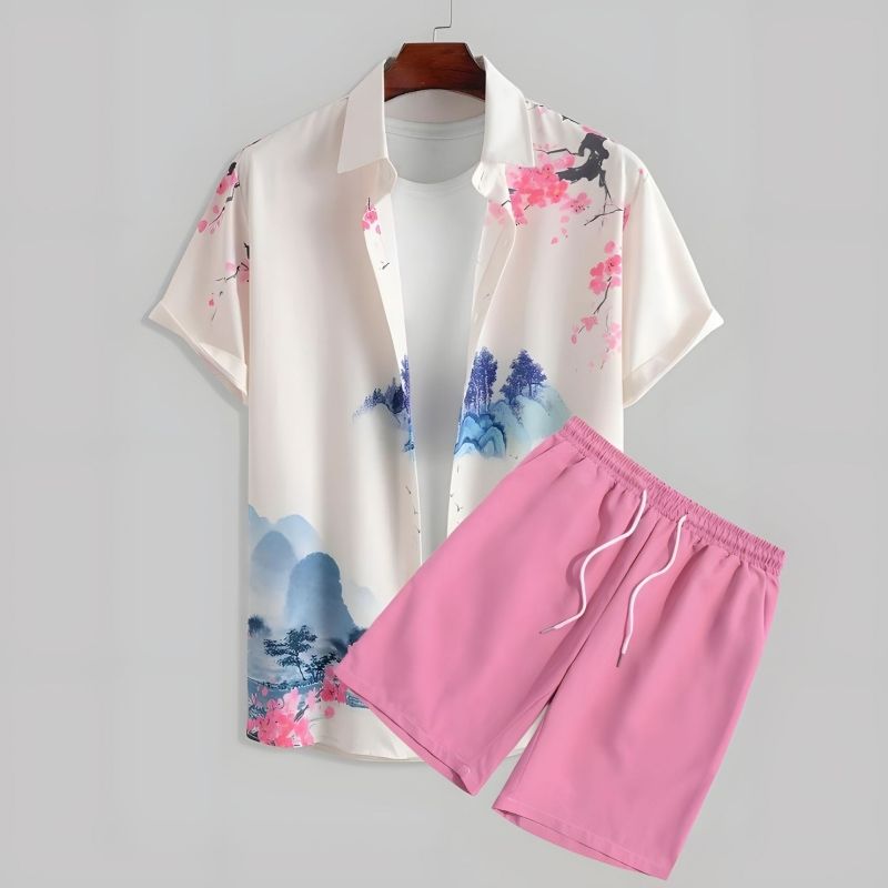 Bestselling High-End Men's Black & White Striped Hawaiian Short Sleeve Shirt Casual Fashion Trendy Outfit Set For Men