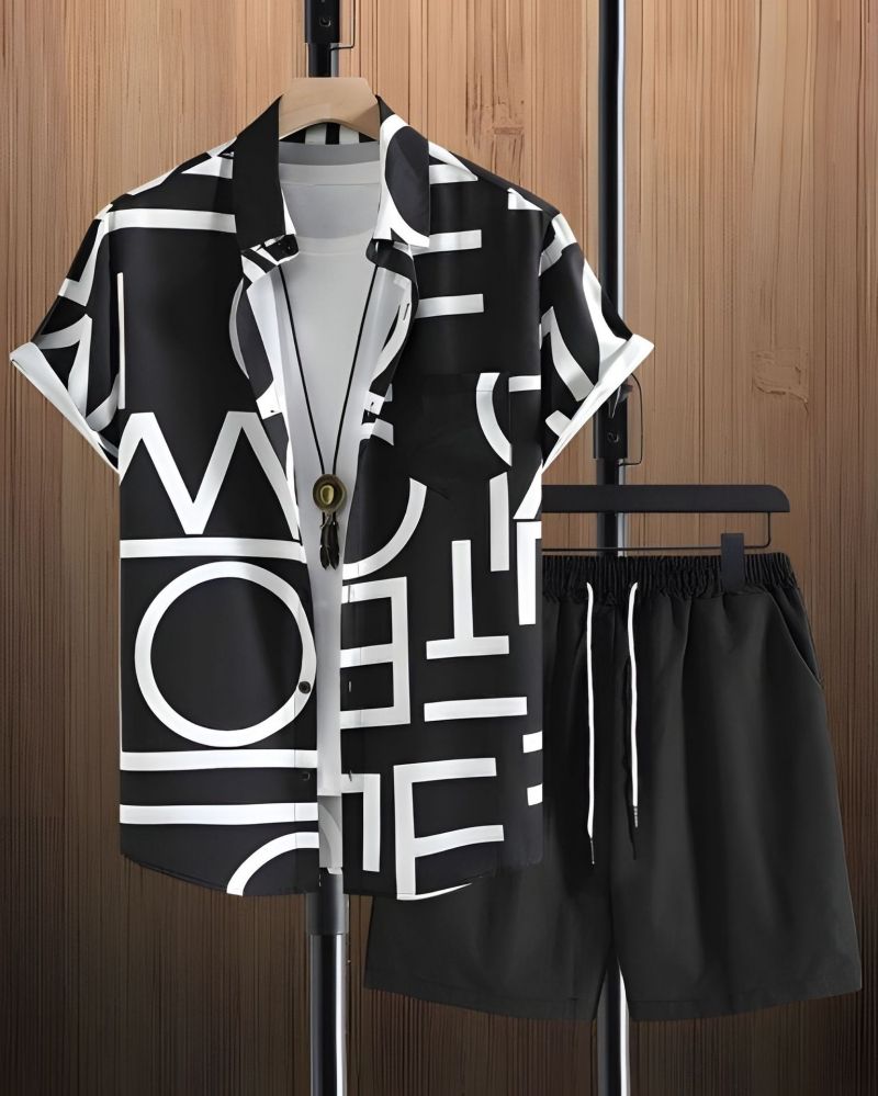 Bestselling High-End Men's Black & White Striped Hawaiian Short Sleeve Shirt Casual Fashion Trendy Outfit Set For Men