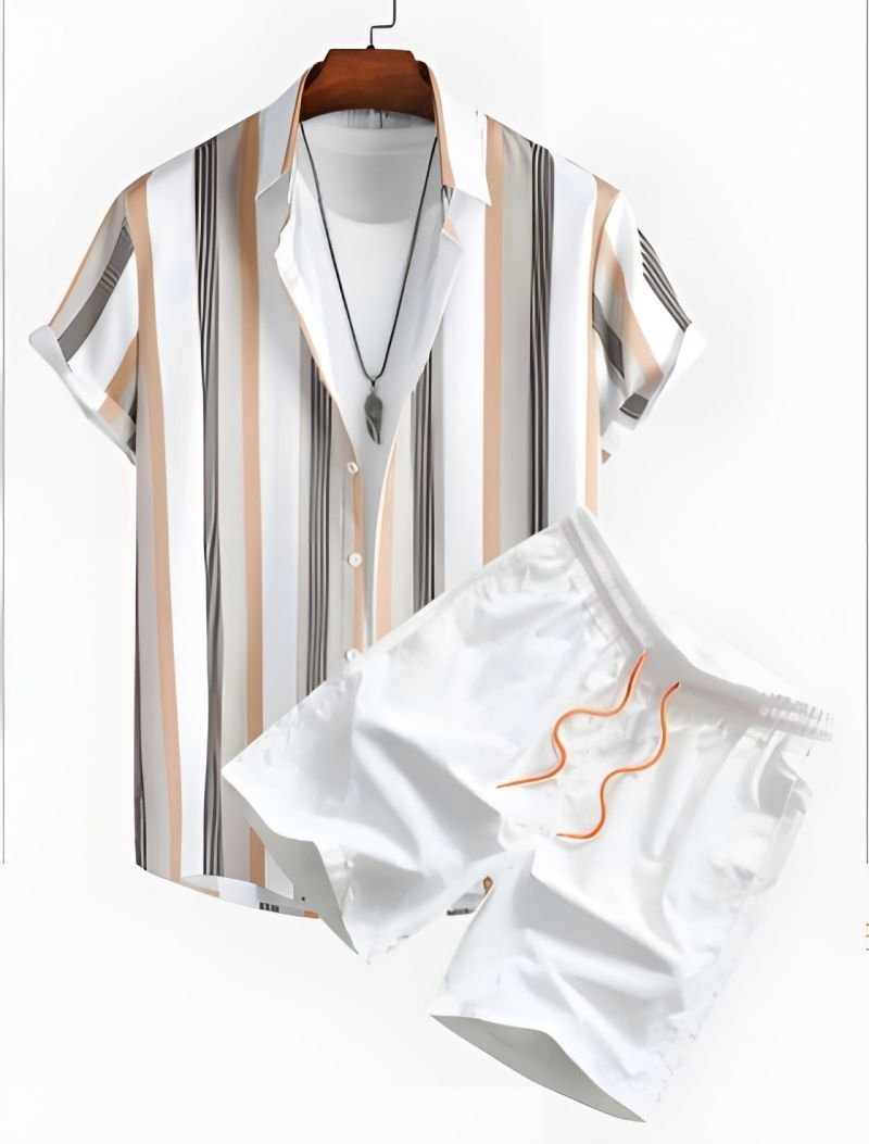 Bestselling High-End Men's Black & White Striped Hawaiian Short Sleeve Shirt Casual Fashion Trendy Outfit Set For Men