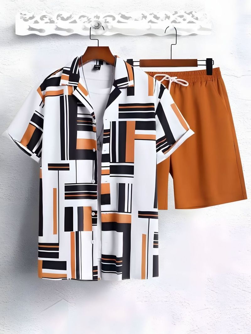 Bestselling High-End Men's Black & White Striped Hawaiian Short Sleeve Shirt Casual Fashion Trendy Outfit Set For Men