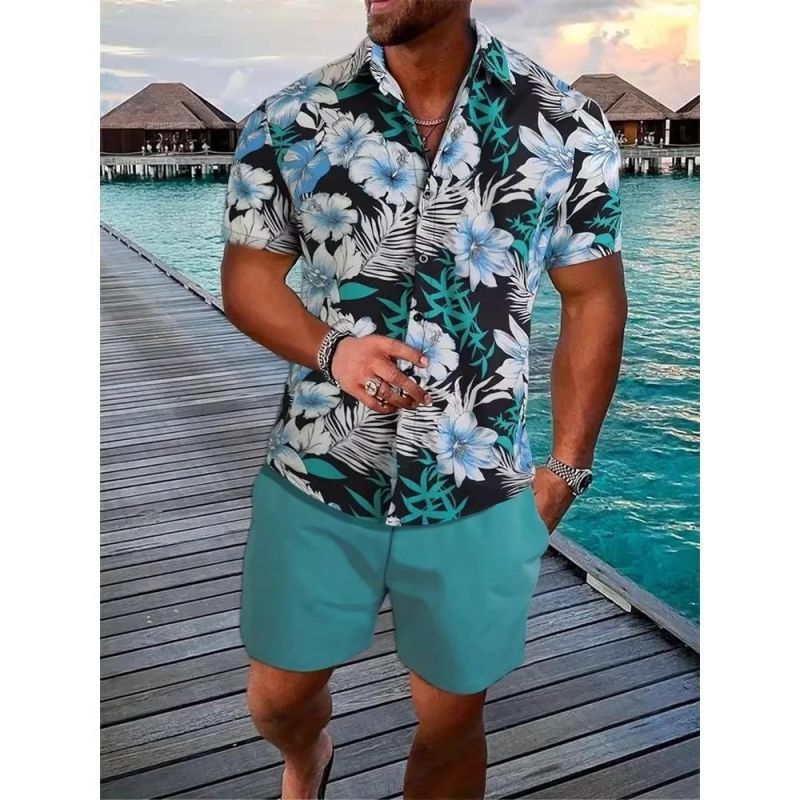Bestselling High-End Men's Black & White Striped Hawaiian Short Sleeve Shirt Casual Fashion Trendy Outfit Set For Men